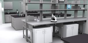 height adjustable Symbiote UltraFrame workstations with upper bookend shelves and lower mobile storage in a food industry testing lab