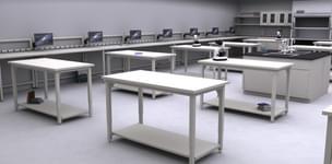 manual height adjustable Symbiote 4-legged tables with lower shelves and perimeter modular UltraFrame with monitor arms and electrical plug strips