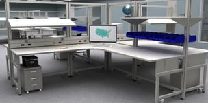 height adjustable Symbiote UltraFrame island workstations with upper shelves, akro bin storage, data and power distributors in an air force lab