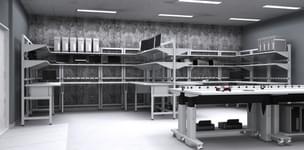 Symbiote modular UltraFrame and height adjustable table base with plug strips and upper shelves at a technology manufacturer
