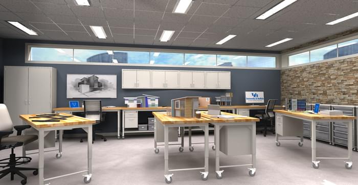 height adjustable Symbiote 4-Legged Tables with hardwood surfaces, shelves, drawer storage, cabinets in university architecture classroom