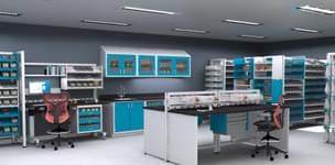 Symbiote UltraFrame, height adjustable ErgoStat, and base cabinets with perimeter high density shelving filled with containers in a pharmacy