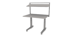 electric height adjustable Symbiote ErgoStat Pro on casters with laminate surface, riser frame, sloped multi-function shelf