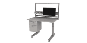 electric height adjustable Symbiote ErgoStat Pro on casters with laminate surface, riser frame, computer support, storage