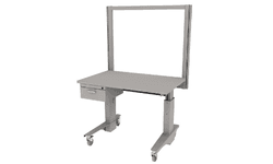electric height adjustable Symbiote ErgoStat on casters with laminate surface, riser frame, hanging drawer storage