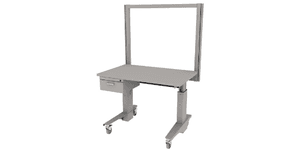 electric height adjustable Symbiote ErgoStat on casters with laminate surface, riser frame, hanging drawer storage