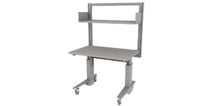 electric height adjustable Symbiote ErgoStat on casters with laminate surface, riser frame, bookend shelf