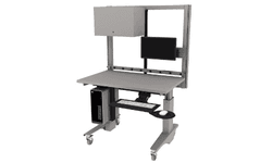 electric height adjustable Symbiote ErgoStat on casters with laminate surface, riser frame, computer support, plug strip, storage