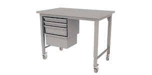 manual height adjustable Symbiote 4-Legged table on casters with laminate surface and under surface hanging tote storage