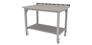 manual height adjustable Symbiote 4-Legged table on casters with laminate surface, surface mounted plug strip and lower shelf