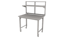 manual height adjustable Symbiote 4-Legged table on casters with laminate surface and riser frame with multi-function shelf