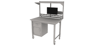 manual height adjustable Symbiote 4-Legged table on casters with laminate surface, riser frame, plug strip, monitor arm, shelf
