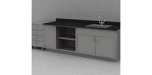 Symbiote lab base/mobile cabinets with doors/drawers/open shelves, phenolic surfaces, and sink in in a run against a wall