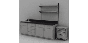 Symbiote lab base/mobile cabinets with doors/drawers/totes, phenolic surfaces, sink, upper shelves in a run against a wall
