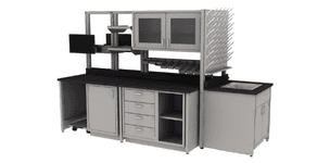 Symbiote lab base cabinets at UltraFrame island with sink, drainboard, center shelves, subcontainers, cabinets, monitor arms