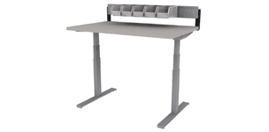 electric height adjustable Symbiote Symple table on glides with laminate surface, surface mounted slatwall with akro bins