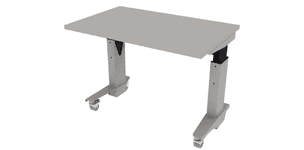 electric height adjustable Symbiote Table Base on casters with laminate surface