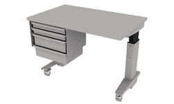 electric height adjustable Symbiote Table Base on casters with laminate surface and hanging tote storage