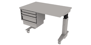 electric height adjustable Symbiote Table Base on casters with laminate surface and hanging tote storage