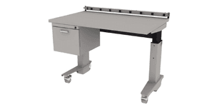 electric height adjustable Symbiote Table Base on casters with laminate surface, hanging file drawer storage, plug strip