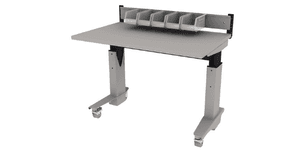 electric height adjustable Symbiote Table Base on casters with laminate surface, surface mounted slatwall with akro bins