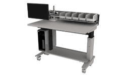 electric height adjustable Symbiote Table Base on casters with laminate surface, plug strip, computer support, akro bins