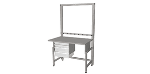 height adjustable Symbiote UltraFrame bench on glides with laminate surface, hanging tote storage, plug strip