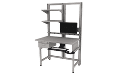 height adjustable Symbiote UltraFrame bench with laminate surface, drawer storage, plug strip, shelves, computer support