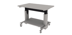 electric height adjustable Symbiote WorkTable on casters with laminate surface and full depth lower metal shelf