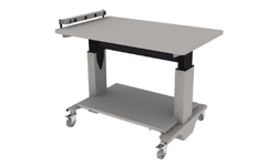 electric height adjustable Symbiote WorkTable on casters with laminate surface, surfaced mounted plug strip, lower shelf