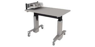 electric height adjustable Symbiote WorkTable on casters with laminate surface, surfaced mounted slatwall rail with akro bins