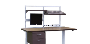 electric height adjustable Symbiote ErgoStat Pro with riser frame, hanging storage, 20 Amp plug strip, shelves and monitor